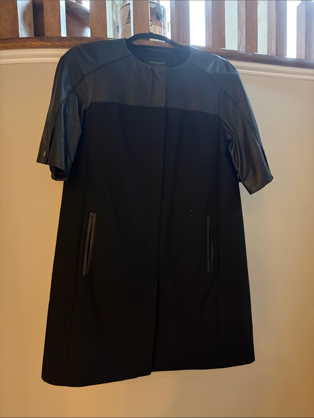 Ann Taylor Factory Black Trench Coat with Leather-Trim